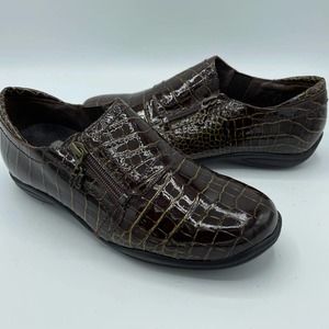 HELLE COMFORT IRENE SHIMMERY BROWN PATENT LEATHER SIDE ZIP WITH STRETCH SIZE 6.5